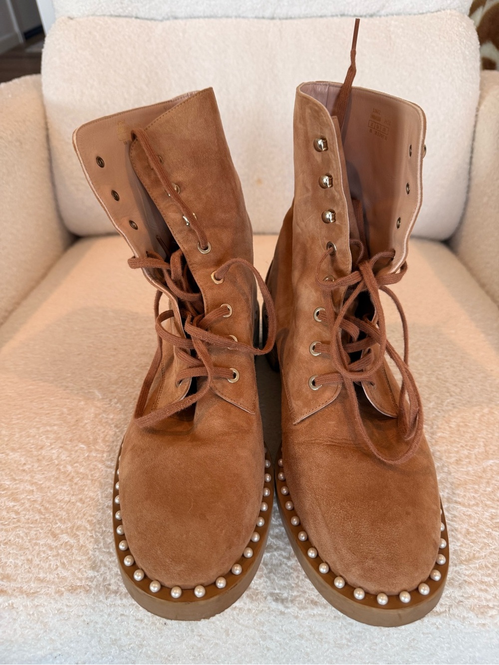 Stuart Weitzman Cognac Suede Lace-Up Boots with Pearl-Trim Sole